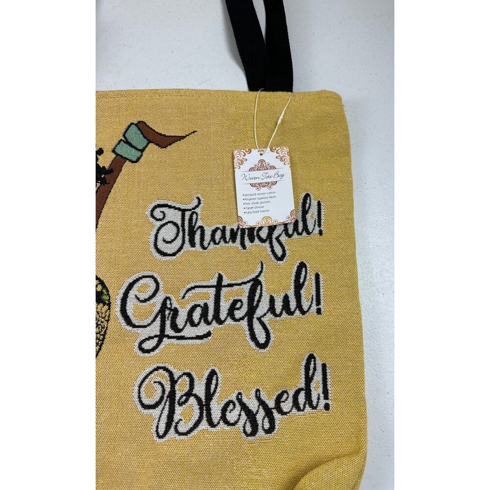 Thankful Grateful Blessed Tote Bag With Black Handles – Large   – Yellow & Black - Picture 6 of 11